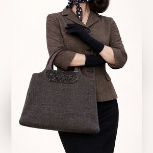 Handmade Granny Knit Purse Wood Handle Gray Medium Handbag Cottagecore Retro